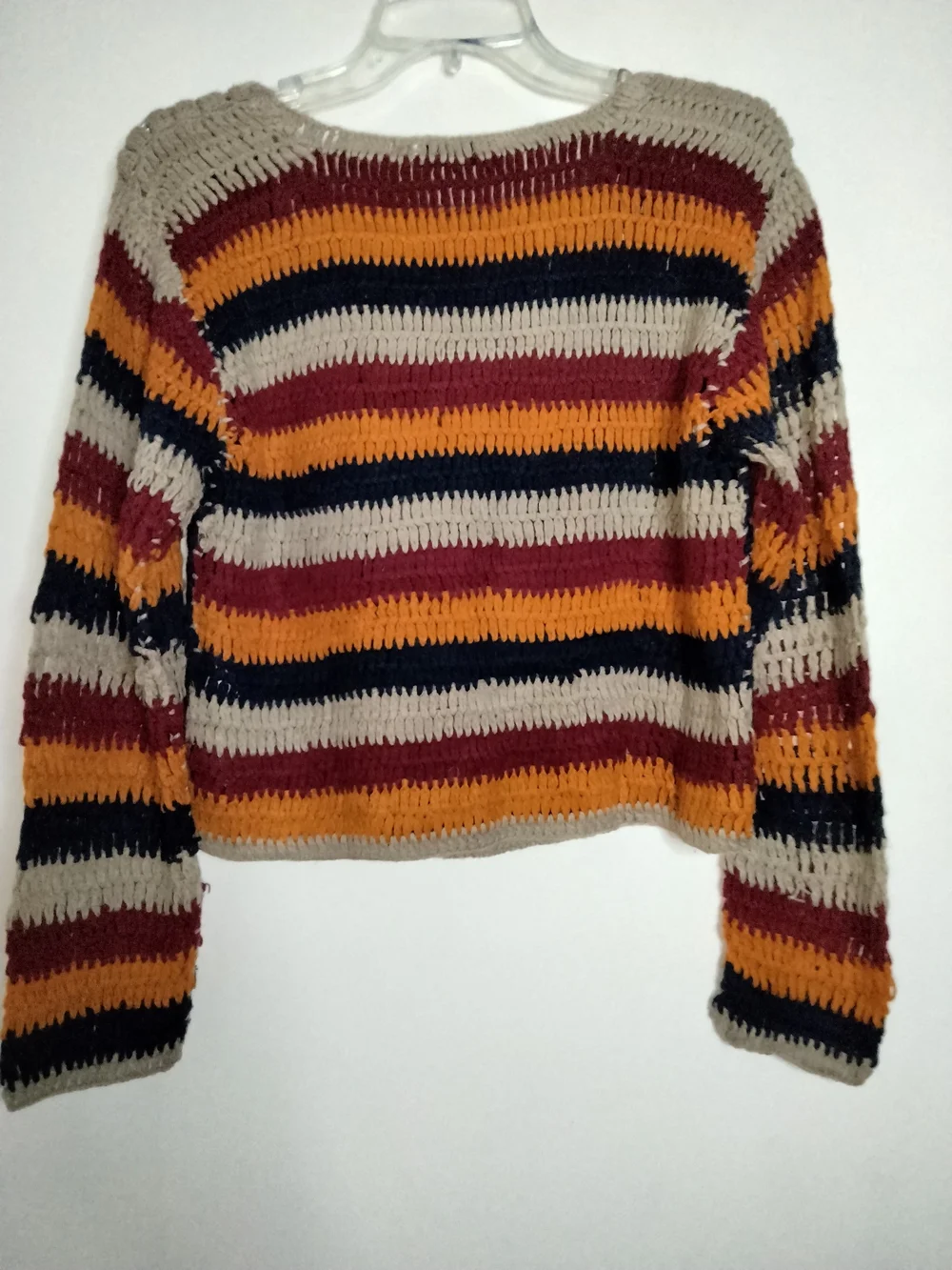 ZARA (Sz M) Multicolor Crochet Square-Front Boho LS Sweater in Beige/Navy/Maroon